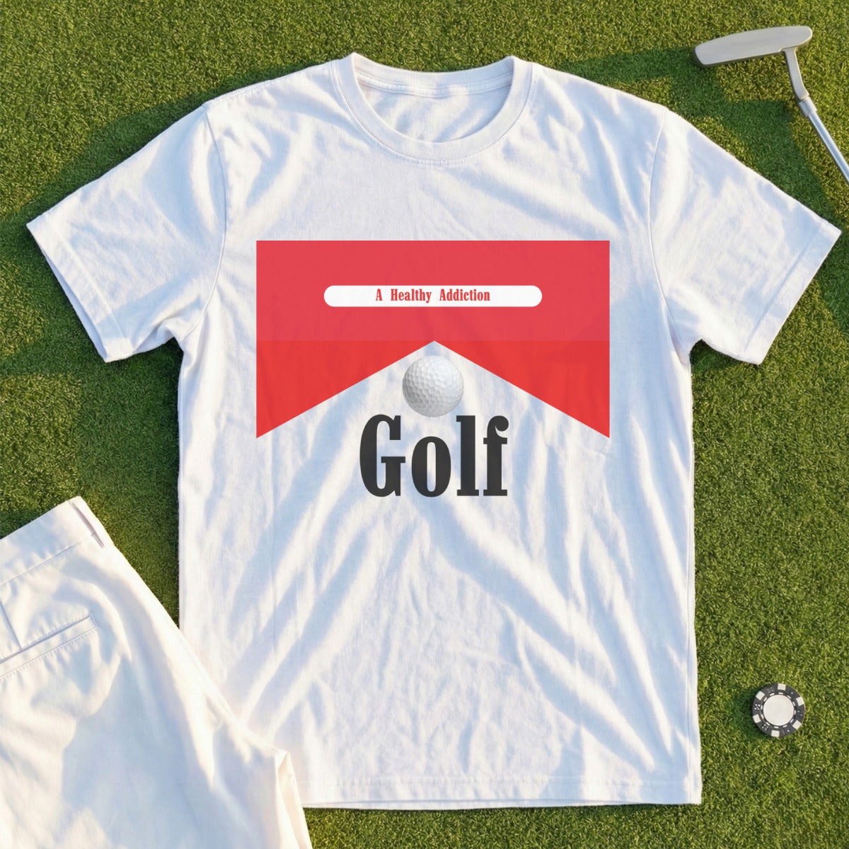 White t-shirt with "Golf" and "A Healthy Addiction" text, on a golf course.