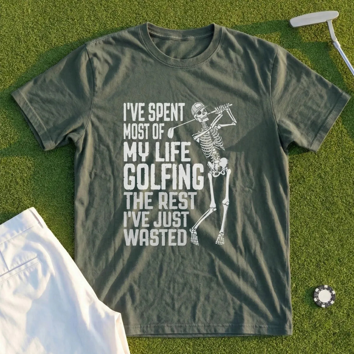 Skeleton golfer t-shirt with text "I've spent most of my life golfing the rest I've just wasted."