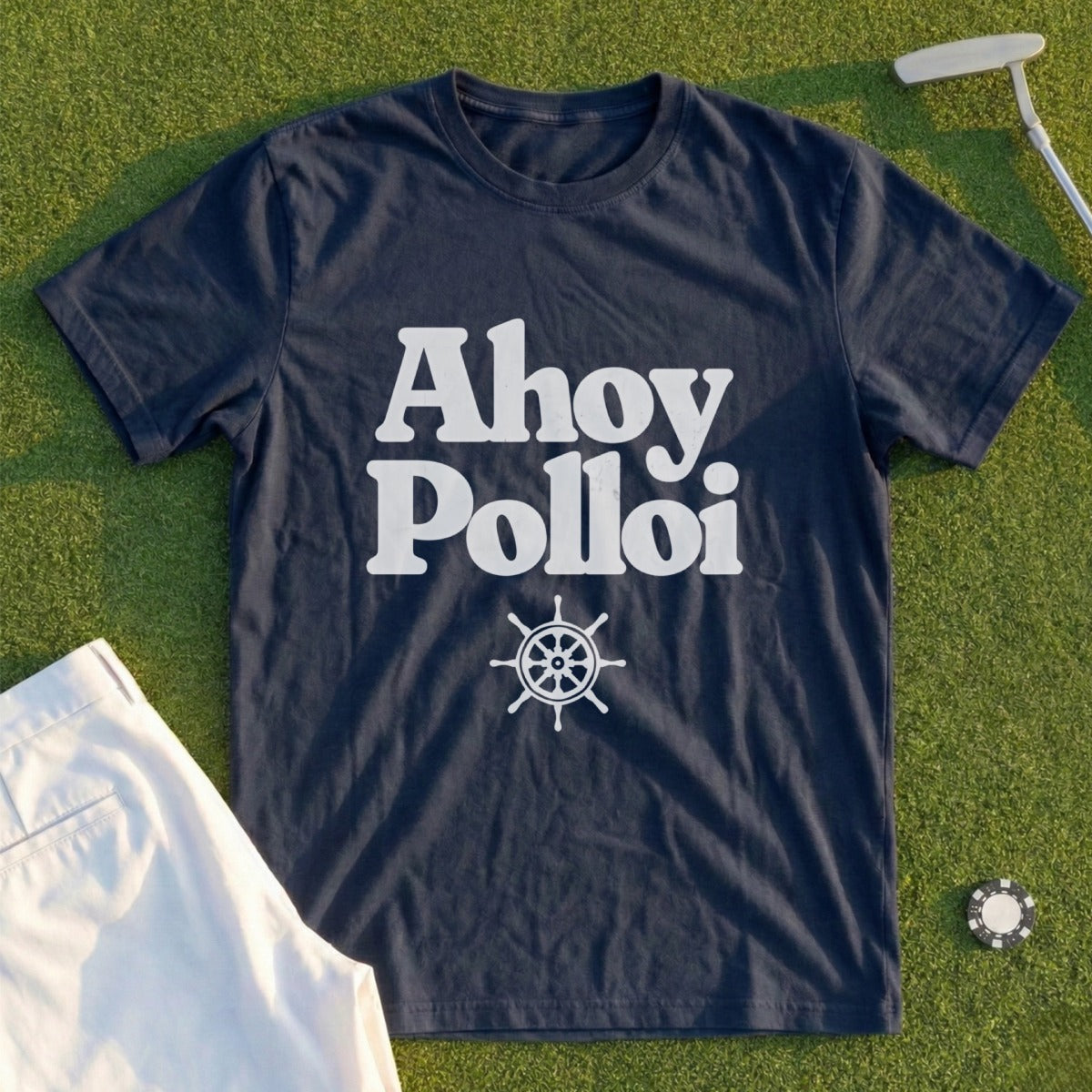 Navy t-shirt with "Ahoy Pollói" text and a ship's wheel graphic.
