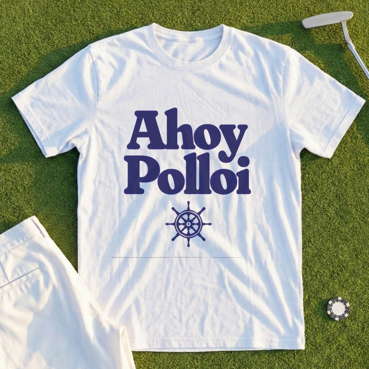 White t-shirt with "Ahoy Polloi" and a ship's wheel graphic.