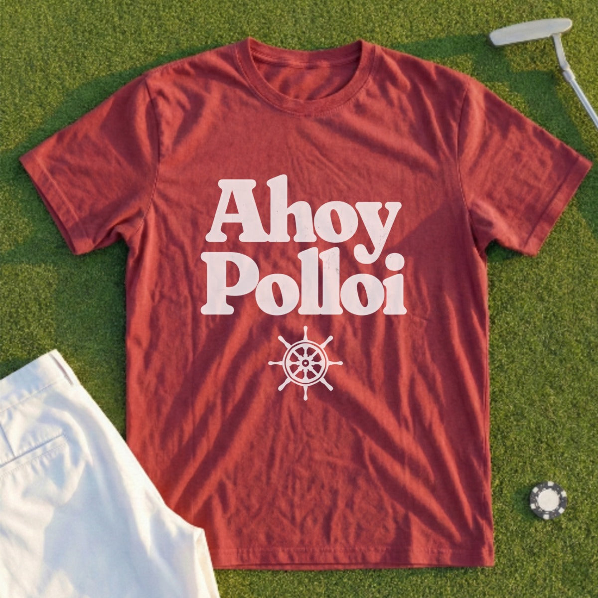 Maroon t-shirt with "Ahoy Pollói" and ship wheel graphic.