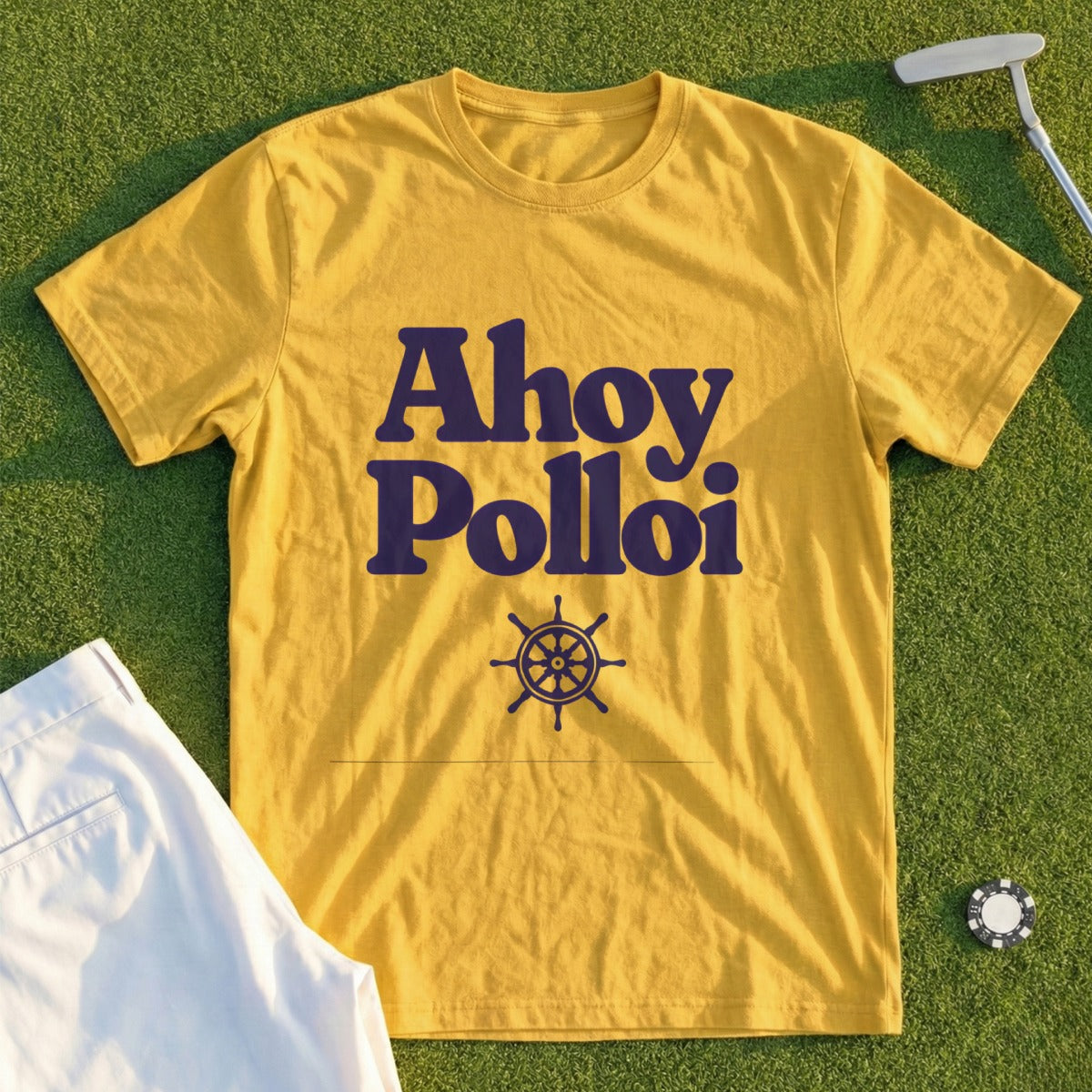Yellow t-shirt with "Ahoy Pollol" text and ship's wheel graphic.