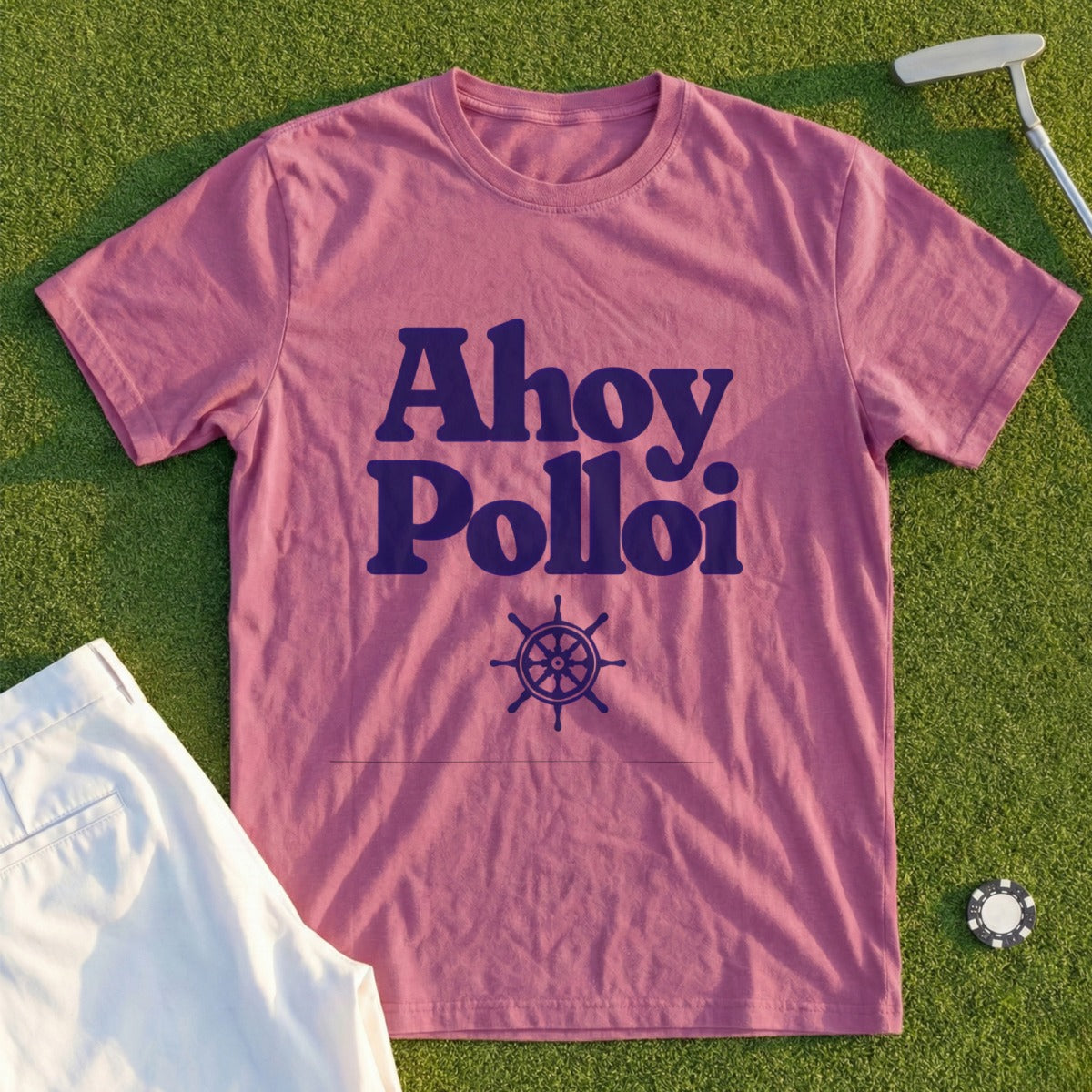Pink t-shirt with "Ahoy Pollot" and ship's wheel design.
