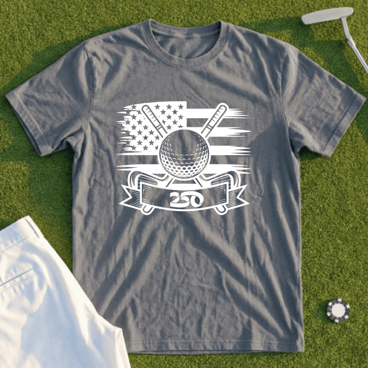 Gray t-shirt with American flag, golf ball, and crossed clubs design.