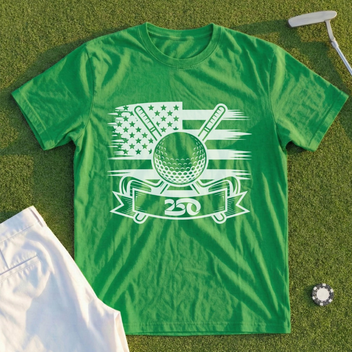 Green t-shirt with crossed golf clubs, golf ball, and American flag design.