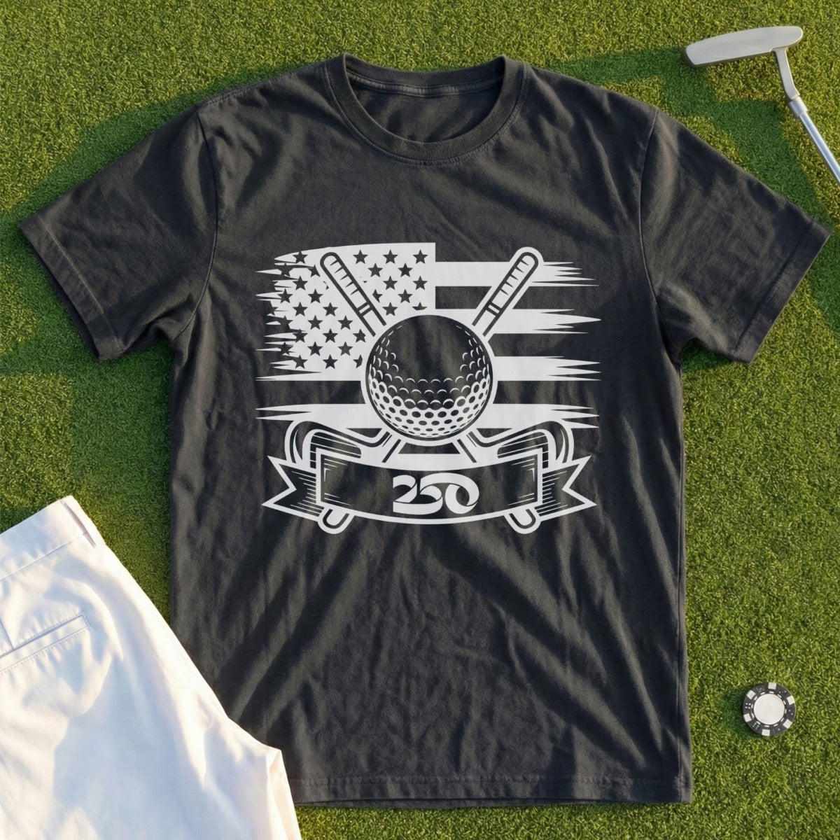 Dark t-shirt with crossed golf clubs, ball, and "250" on American flag.