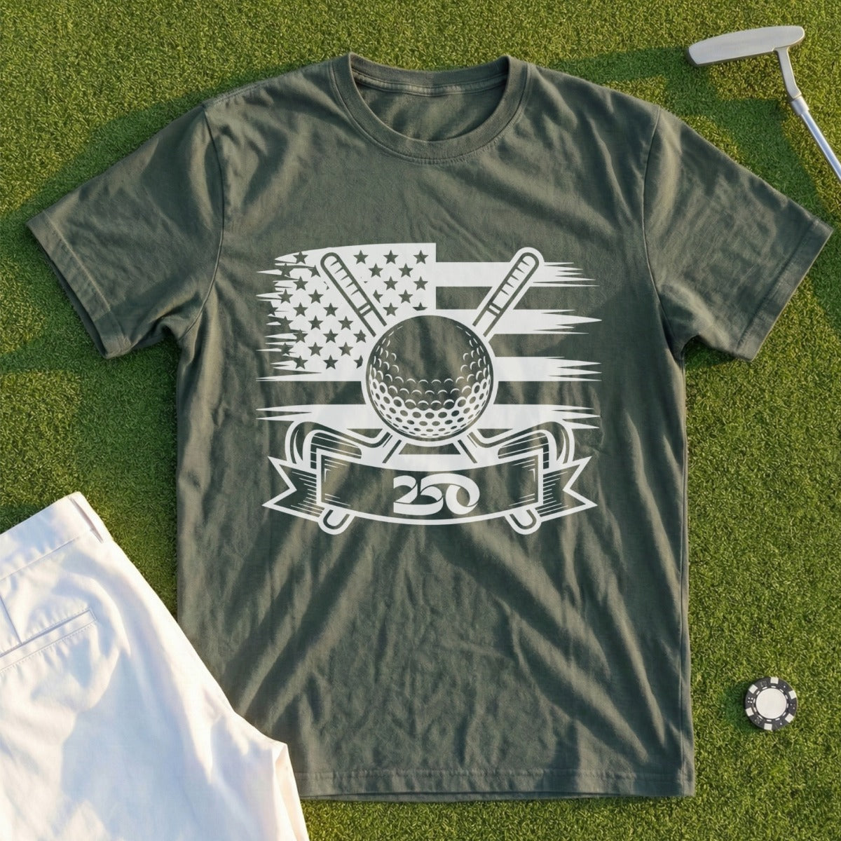 Green t-shirt with American flag, golf ball, crossed clubs, and "250" graphic.