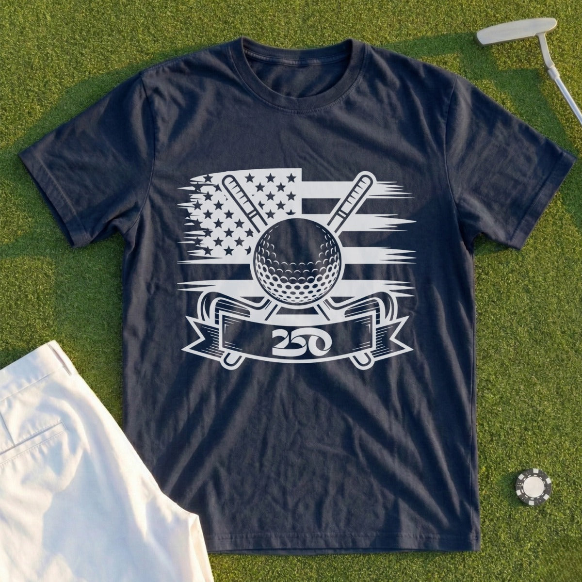 Navy t-shirt with golf ball, crossed clubs, and American flag design.