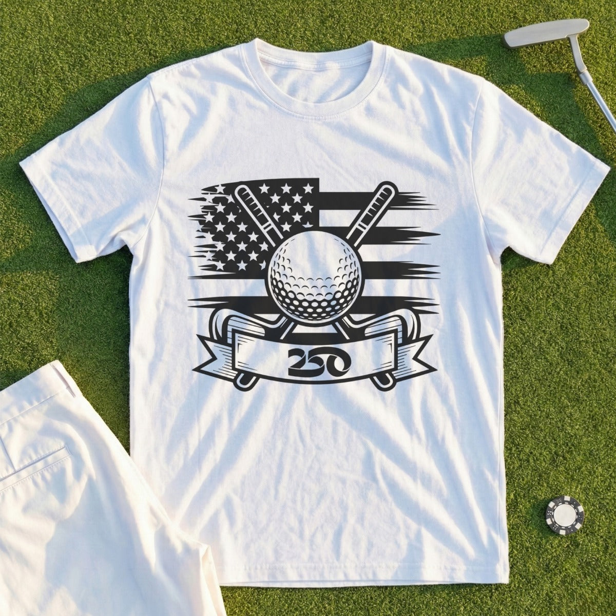 White t-shirt with American flag, golf ball, and "250" on a ribbon.