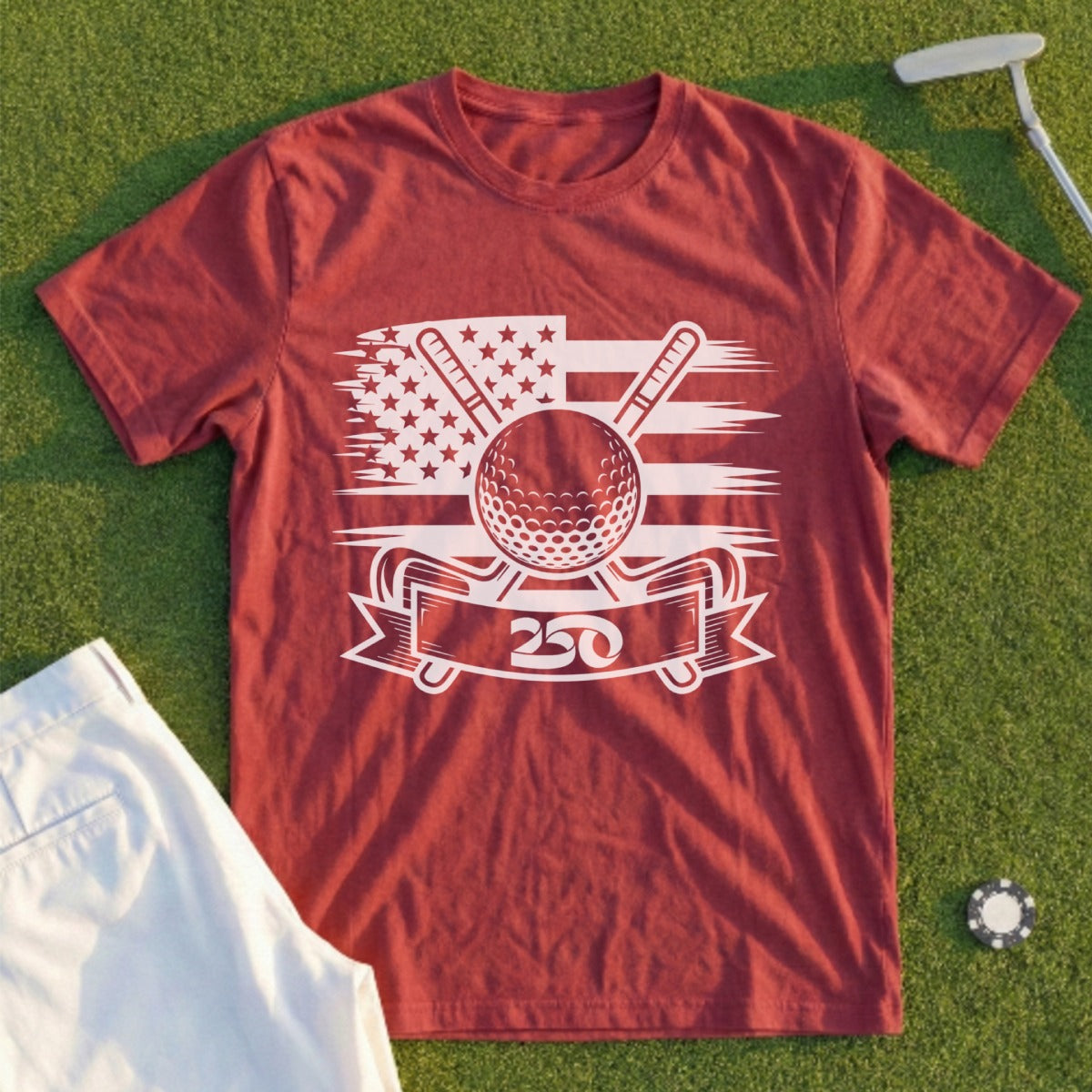 Maroon t-shirt with American flag, golf ball, and "250" emblem.