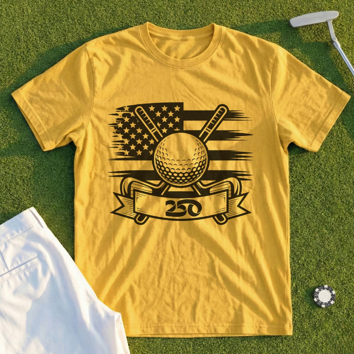 Yellow t-shirt with golf ball, crossed flags, and "250" on banner.