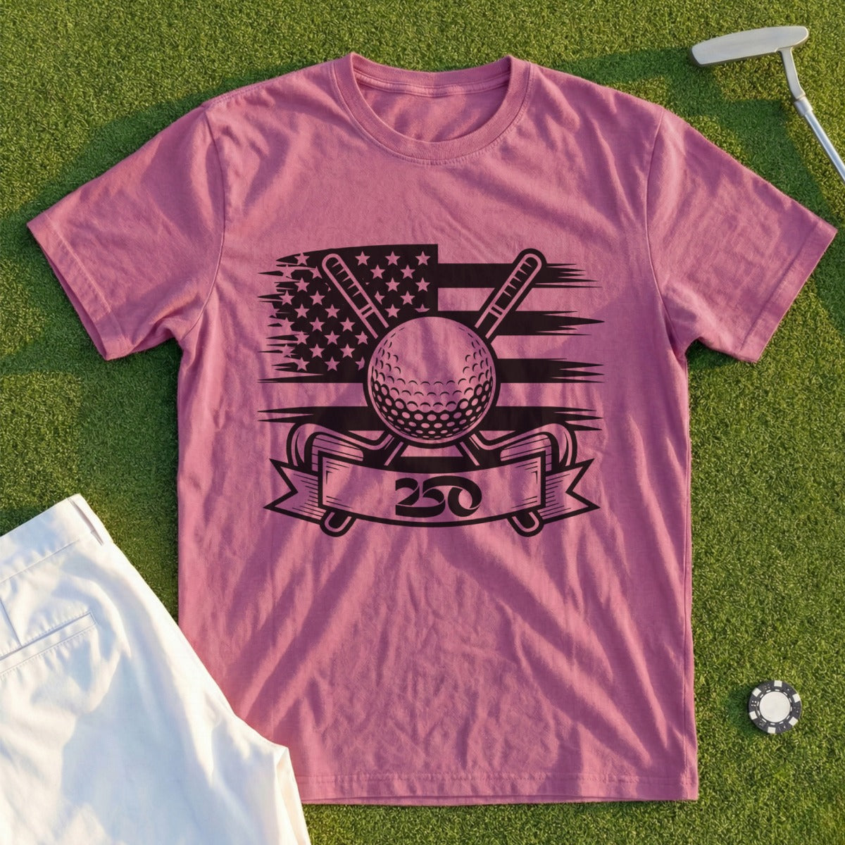 Golf flag and ball on a dusty pink t-shirt with "250" on a banner.