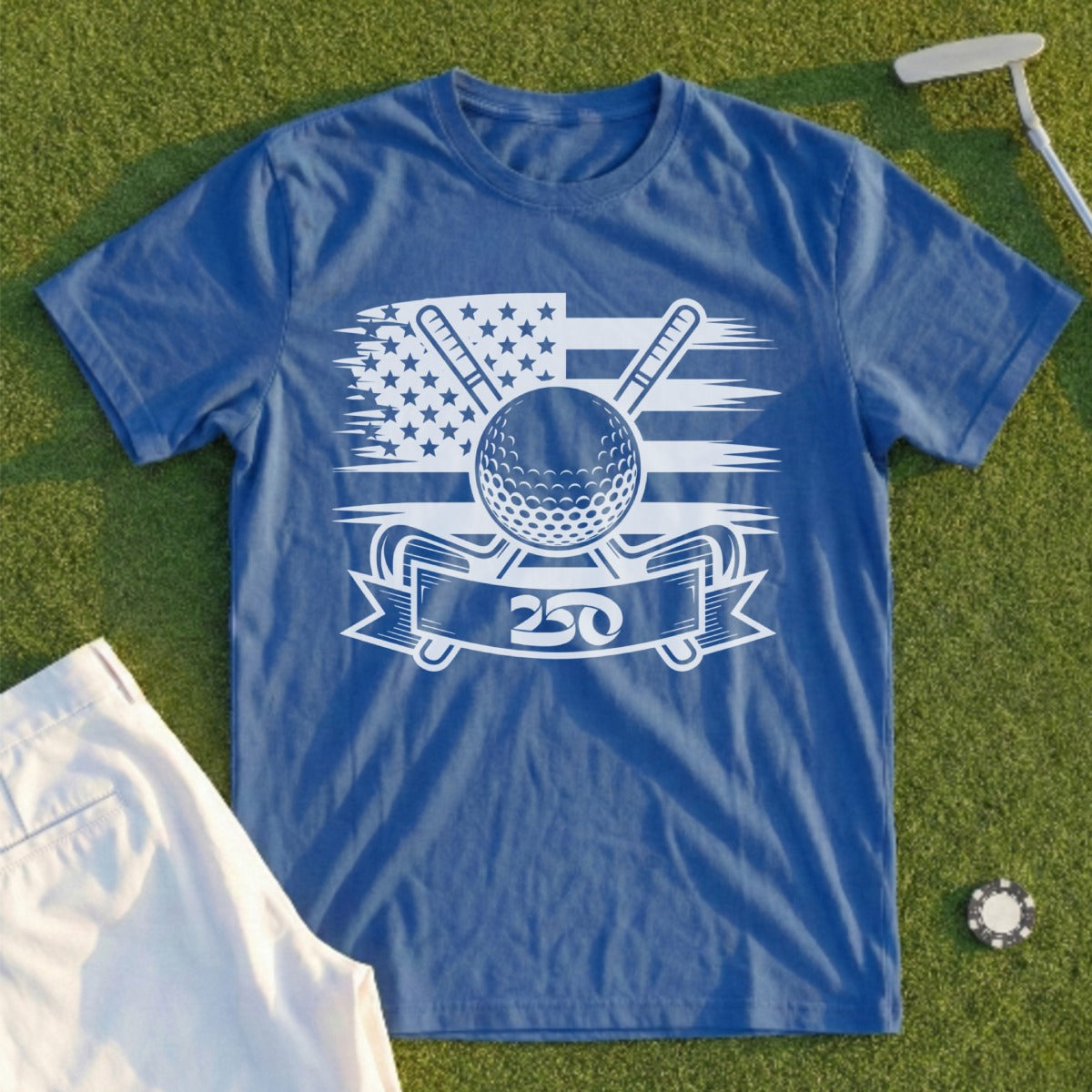 Blue t-shirt with crossed golf clubs, golf ball, and American flag graphic.