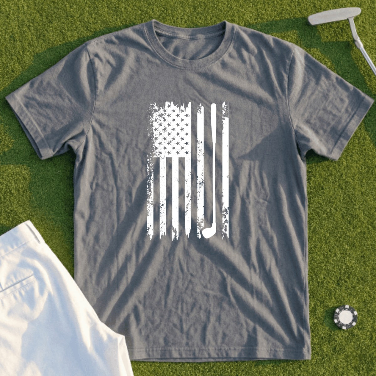 Distressed American flag with a golf club incorporated into the stripes.