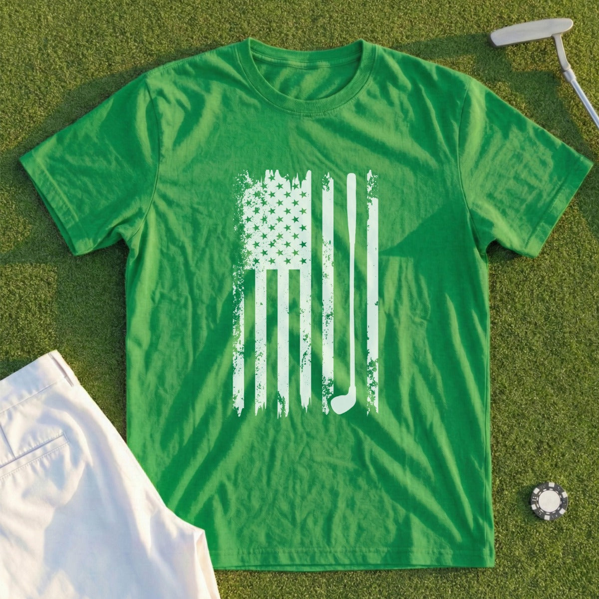 Green t-shirt with distressed American flag golf clubs design.