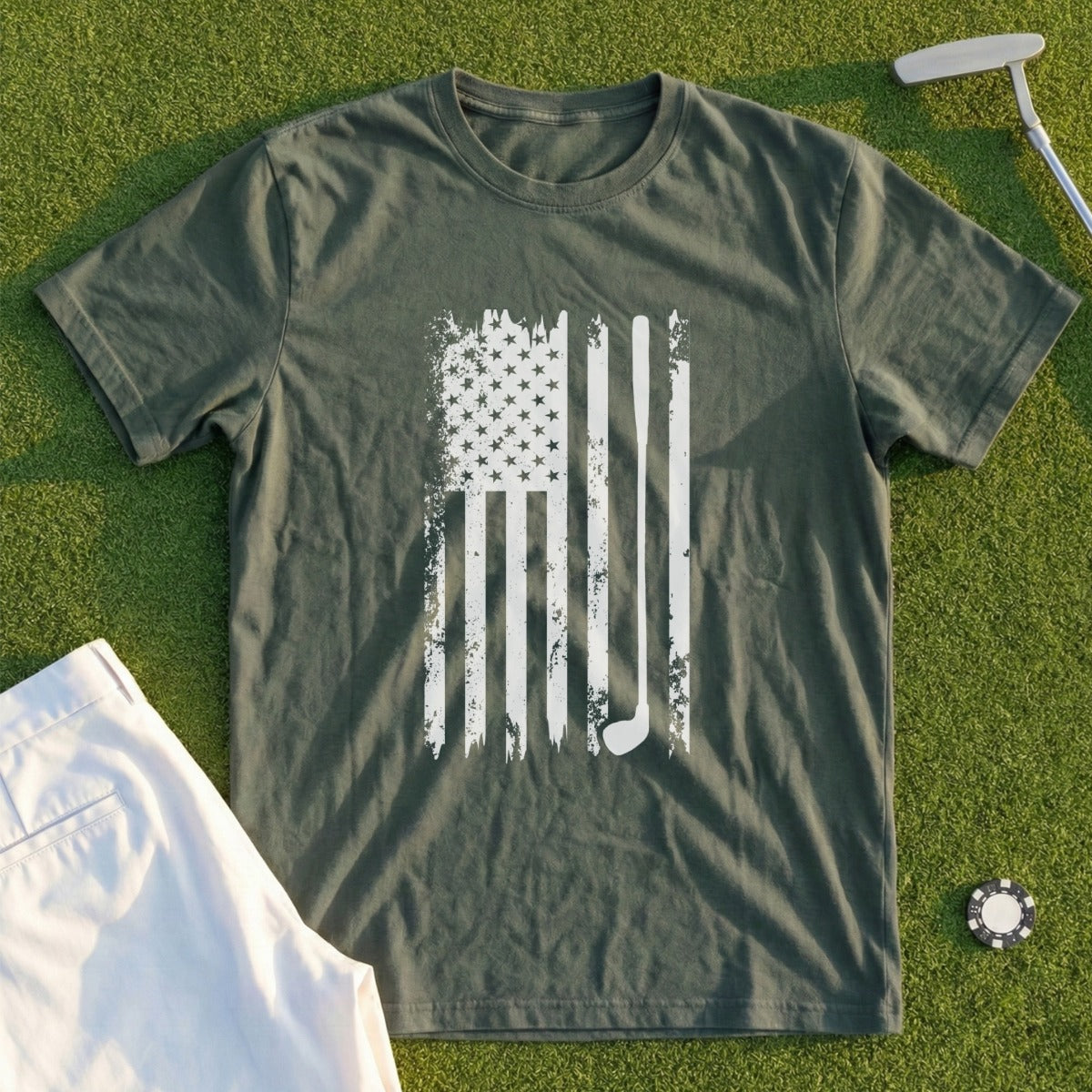 Green t-shirt with distressed American flag and golf club graphic.