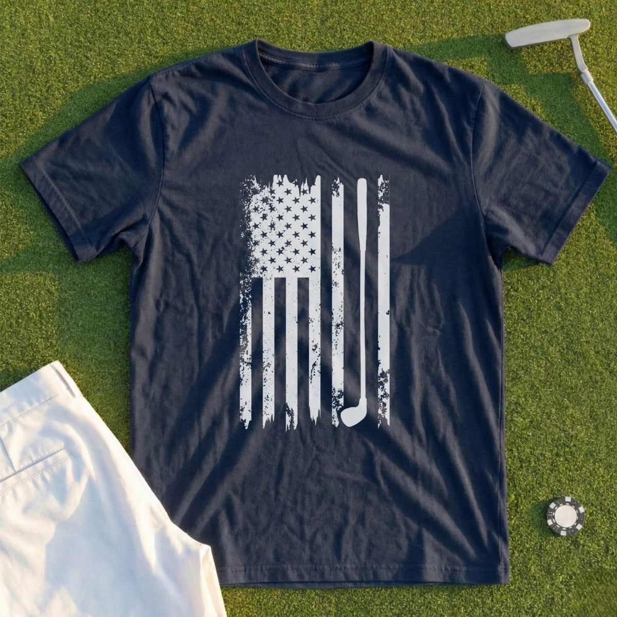 Dark blue t-shirt with distressed American flag and golf club design.