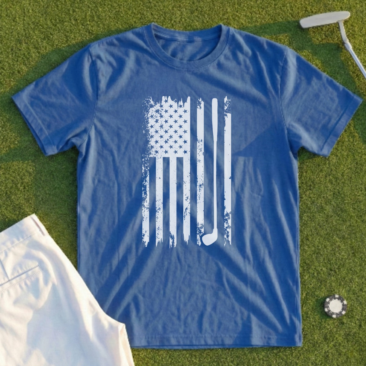 Blue t-shirt with distressed US flag design featuring golf clubs.