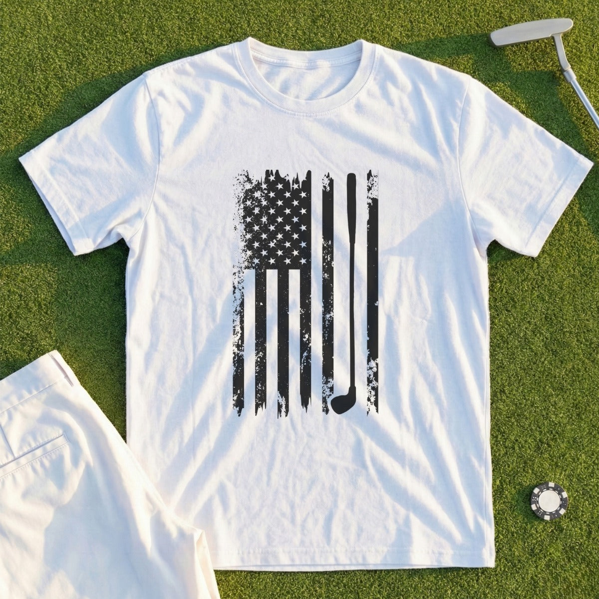 White t-shirt with distressed American flag and golf club graphic.