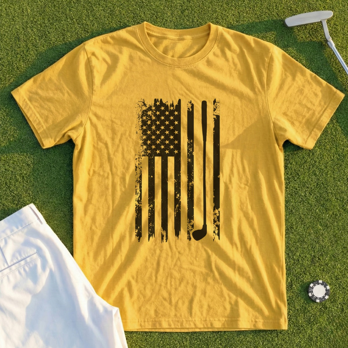 Yellow t-shirt with distressed American flag golf club design.