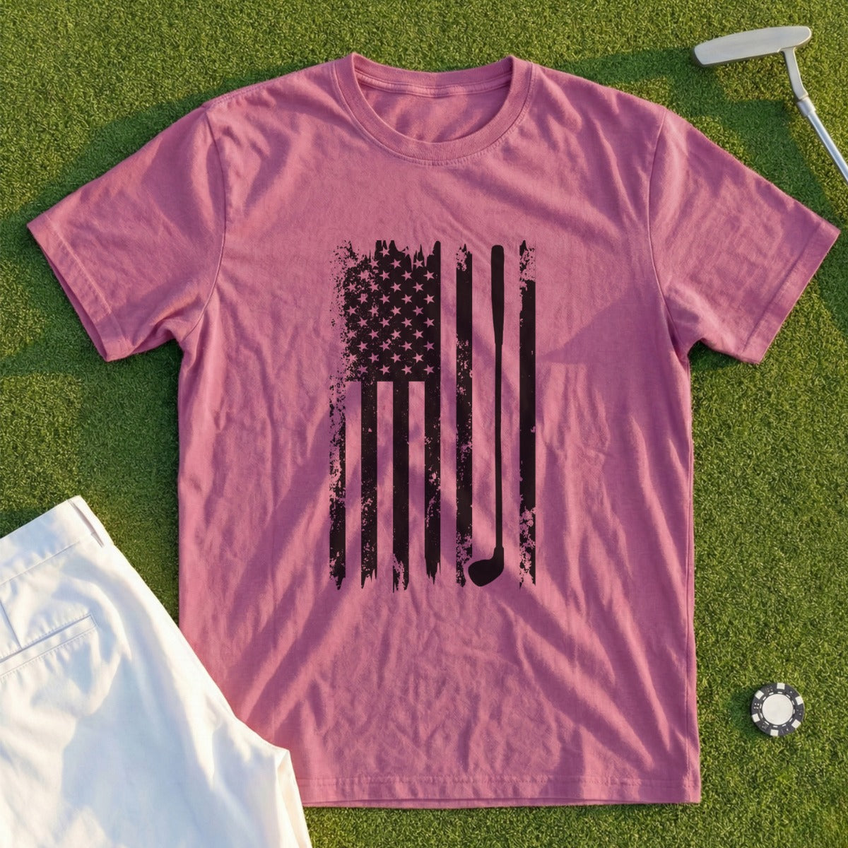 Distressed American flag golf club design on a pink t-shirt.