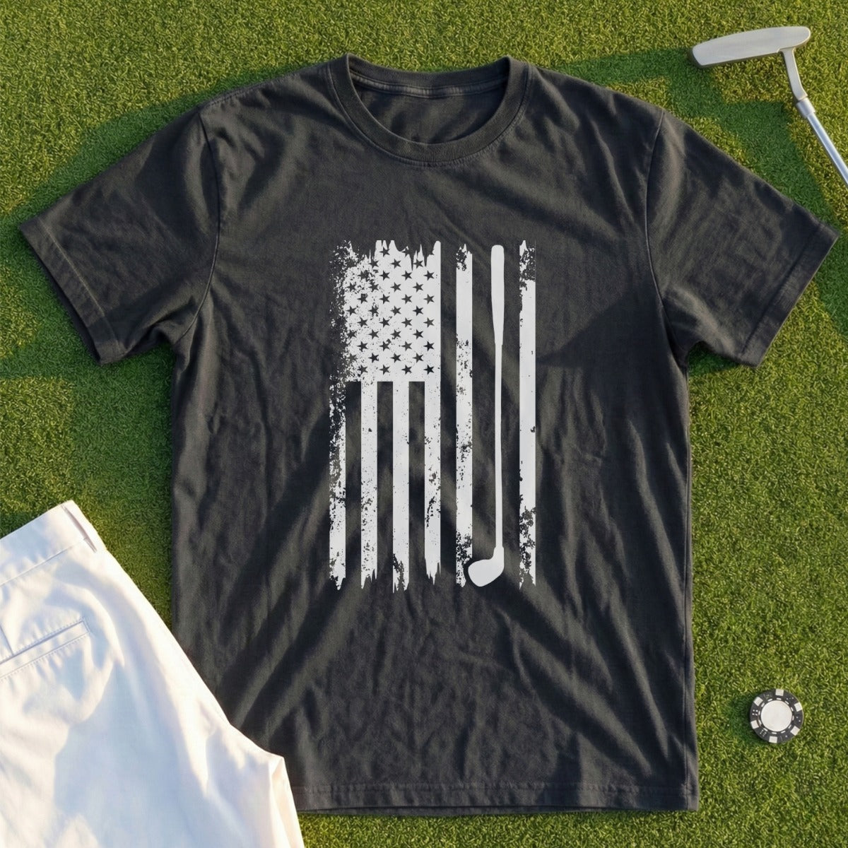 Dark t-shirt with distressed American flag and golf club graphic.
