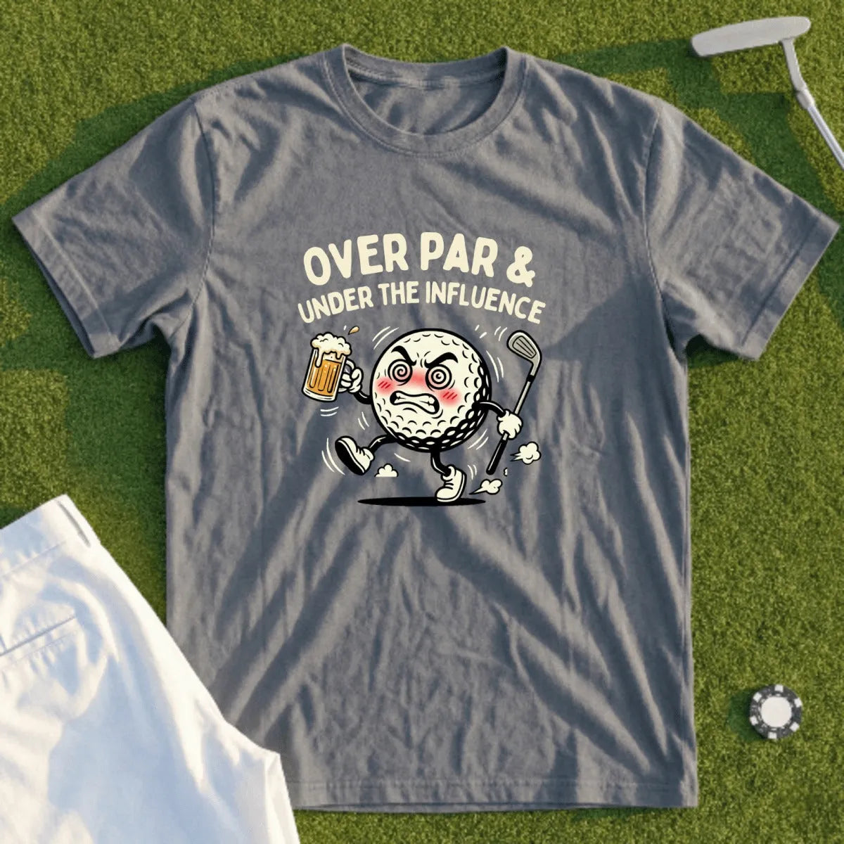 Gray t-shirt with cartoon golf ball holding a beer and club, text reads "Over Par & Under the Influence".
