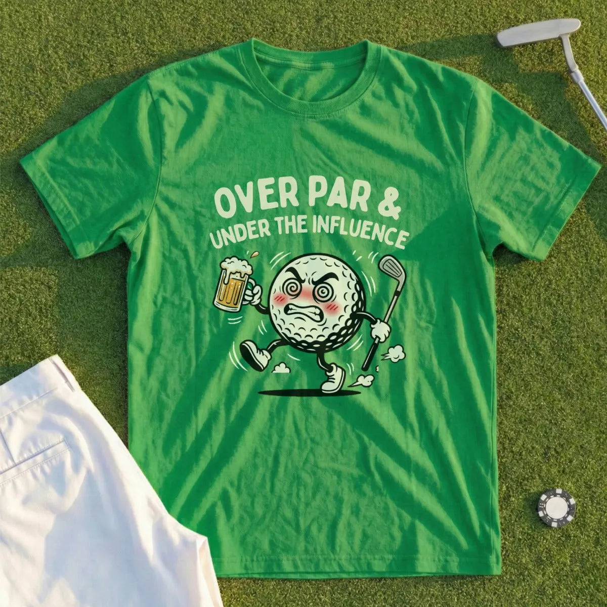Green t-shirt with cartoon golf ball holding beer, text "OVER PAR & UNDER THE INFLUENCE".