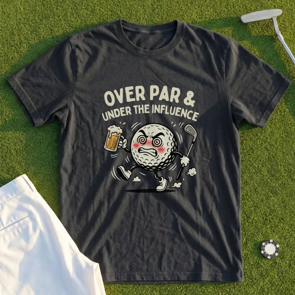 T-shirt with cartoon golf ball character holding beer, text "OVER PAR & UNDER THE INFLUENCE".