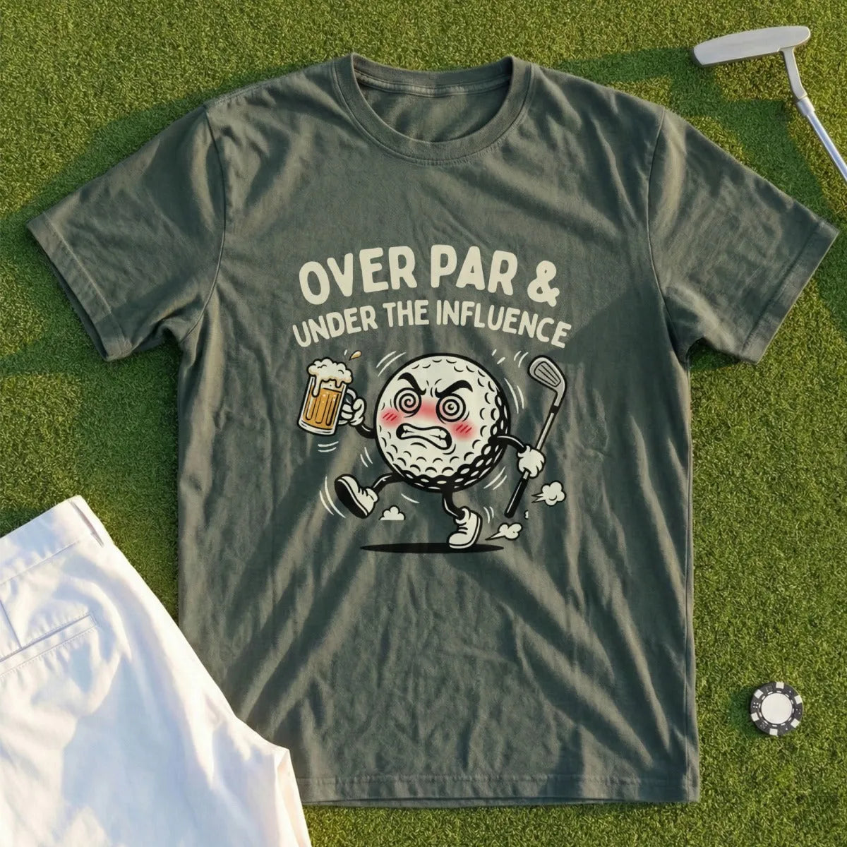 T-shirt with cartoon golf ball holding beer, saying "Over Par & Under the Influence".