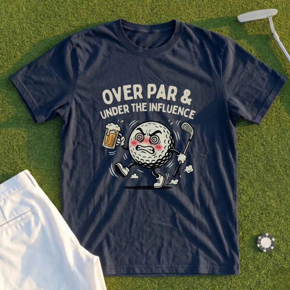 Dark blue t-shirt with cartoon golf ball saying "OVER PAR & UNDER THE INFLUENCE".