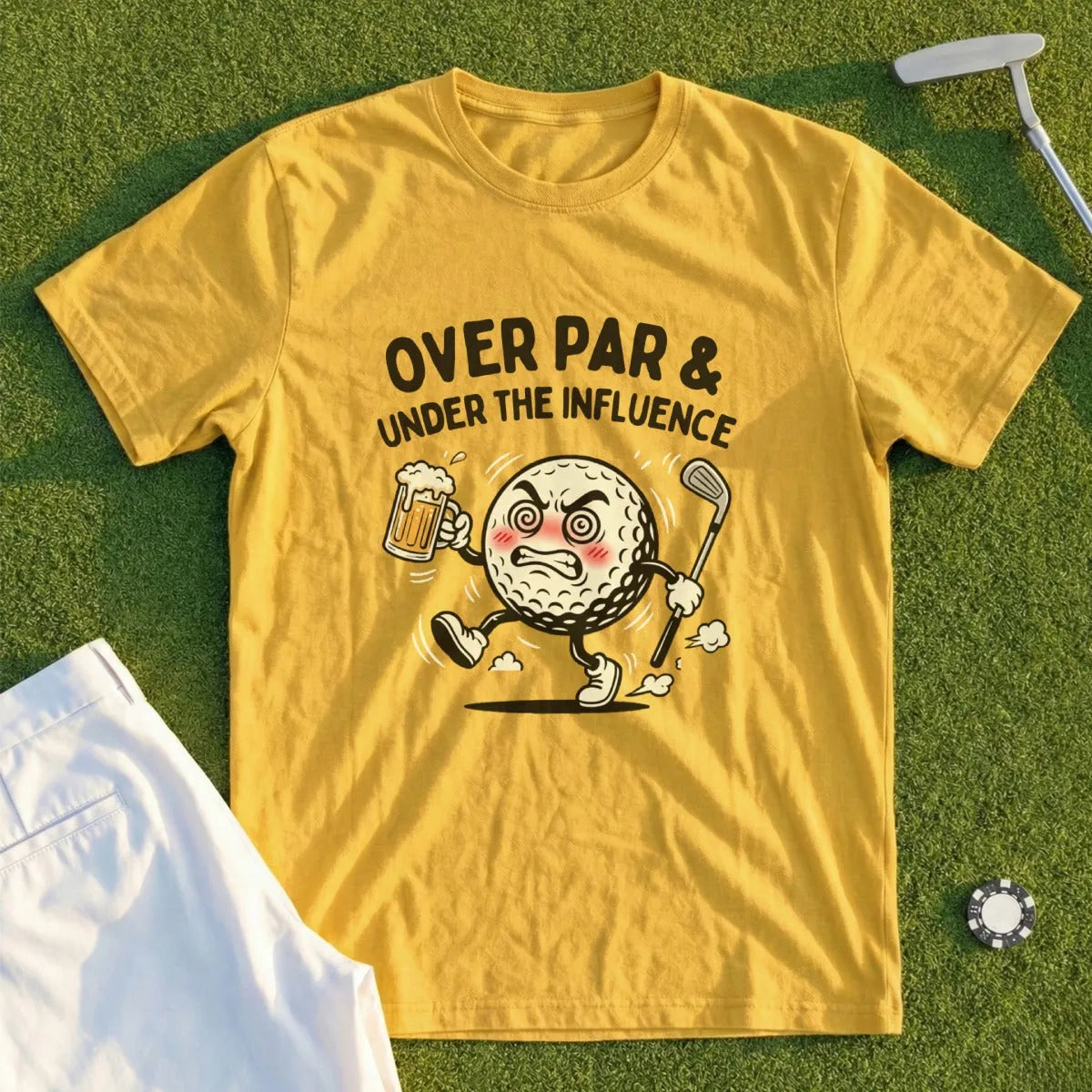 Yellow t-shirt with cartoon golf ball holding beer, "Over Par & Under the Influence" text.