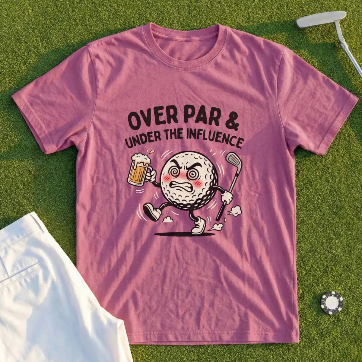 T-shirt with cartoon golf ball, "Over Par & Under the Influence" text.