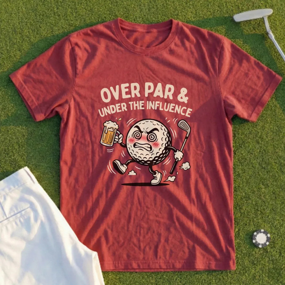 Maroon t-shirt with cartoon golf ball, beer, and club saying "Over Par & Under the Influence".