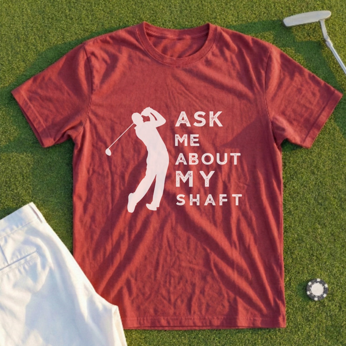 Red t-shirt with white graphic of a golfer and text "ASK ME ABOUT MY SHAFT".