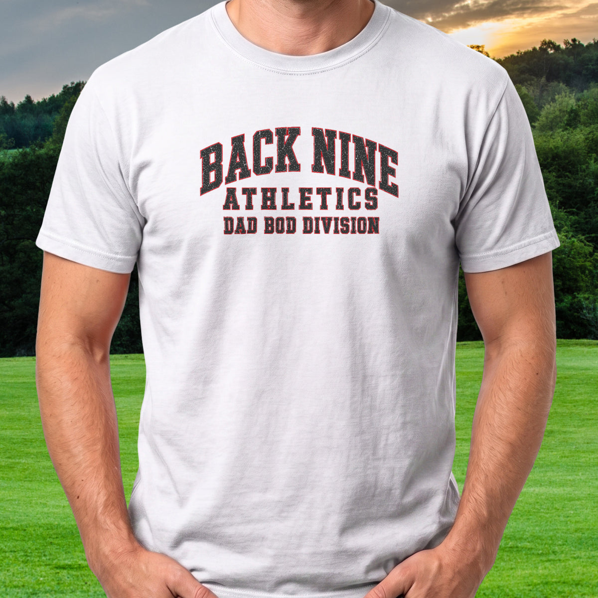 Back Nine Athletics Tee worn on the golf course, White