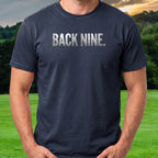 Back Nine Dimples Tee worn on the golf course, Navy