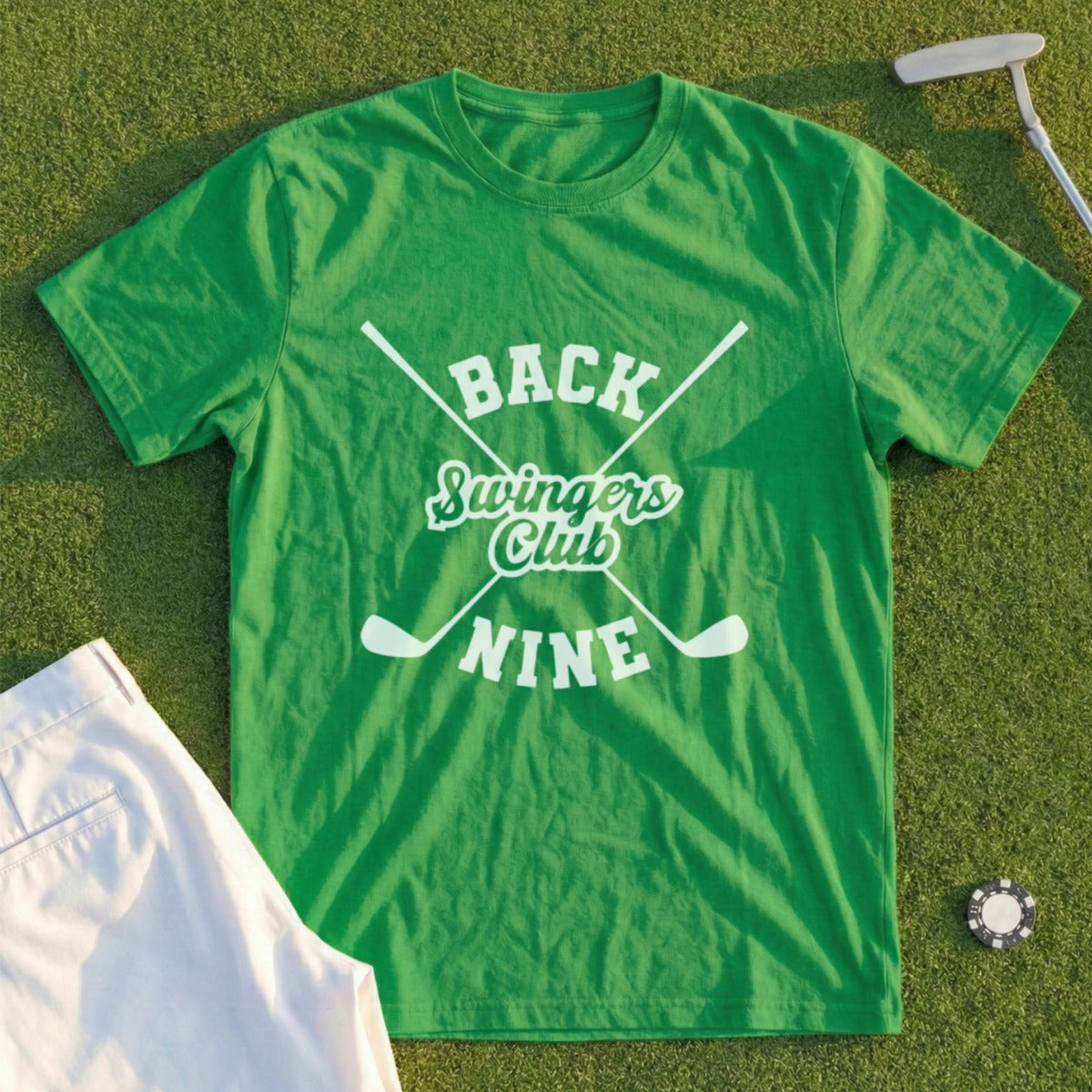 Green t-shirt with "Back Swingers Club Nine" and crossed golf clubs.