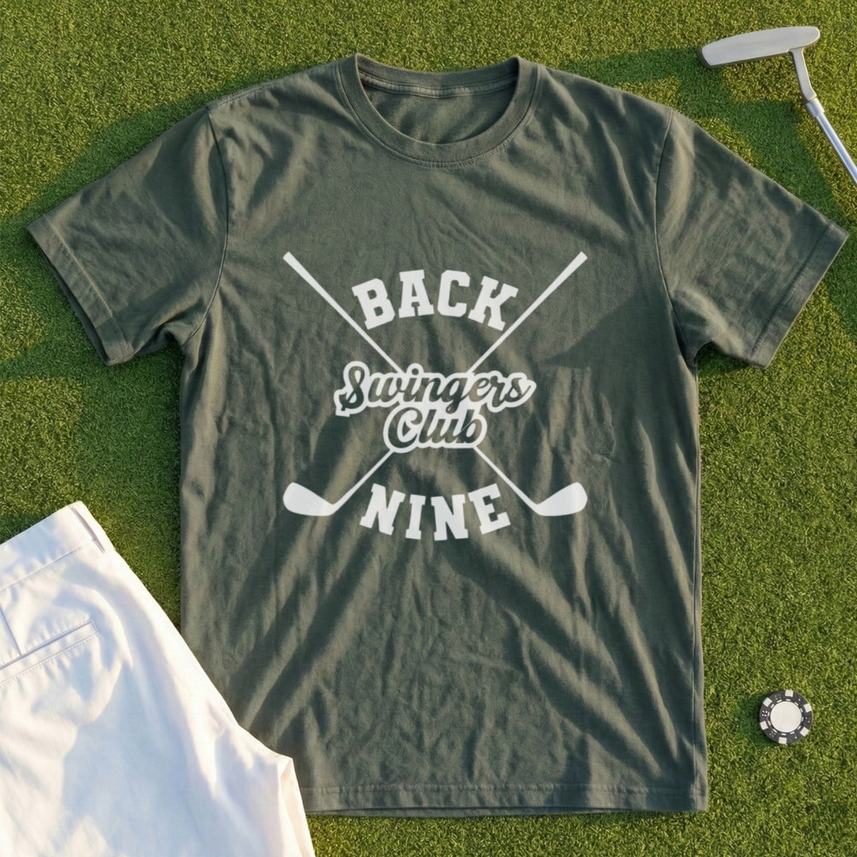 Green t-shirt with "Back Swingers Club Nine" text and golf club graphics.