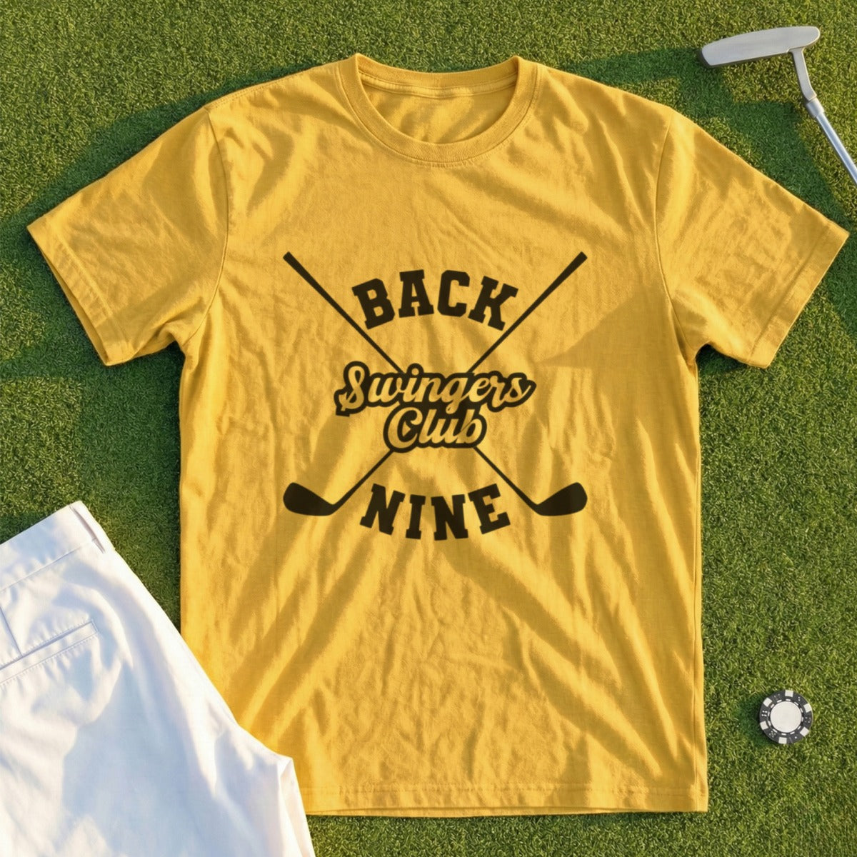 Yellow t-shirt with "Back Swingers Club Nine" text and crossed golf clubs.