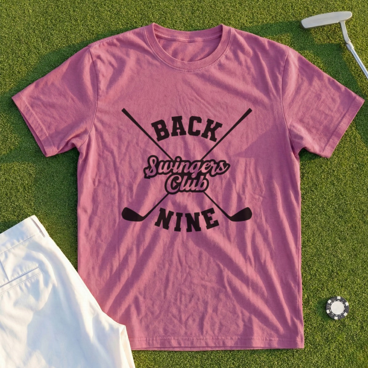Pink t-shirt with "Back Swingers Club Nine" and crossed golf clubs graphic.