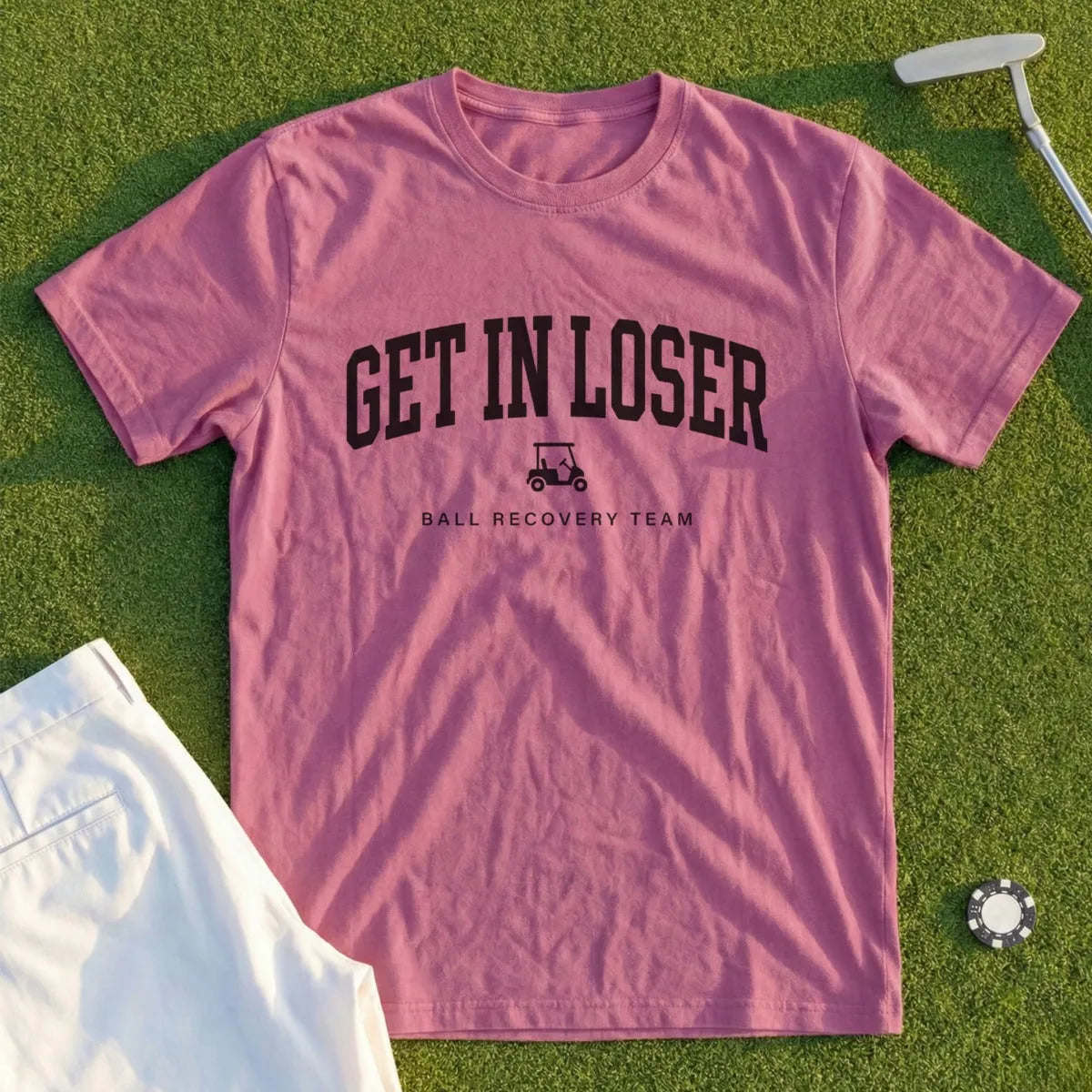 Rose t-shirt with "GET IN LOSER" and golf cart graphic.