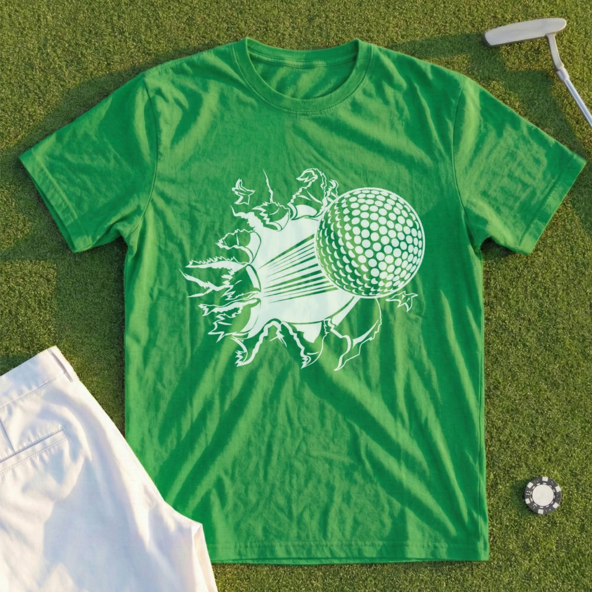 Green t-shirt with golf ball bursting through white graphic, on grass.
