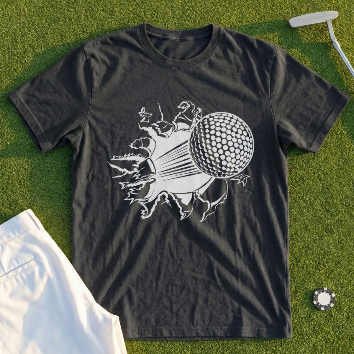 Dark t-shirt with a graphic of a golf ball bursting through a white tear.