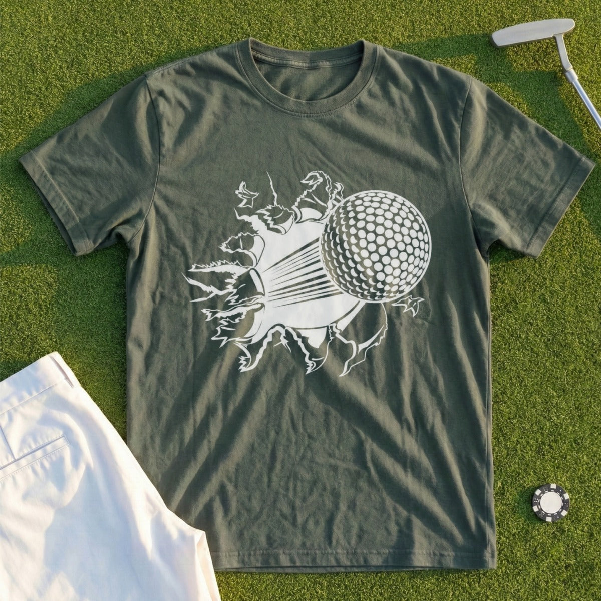 Green t-shirt with a graphic of a golf ball breaking through a white explosive design.