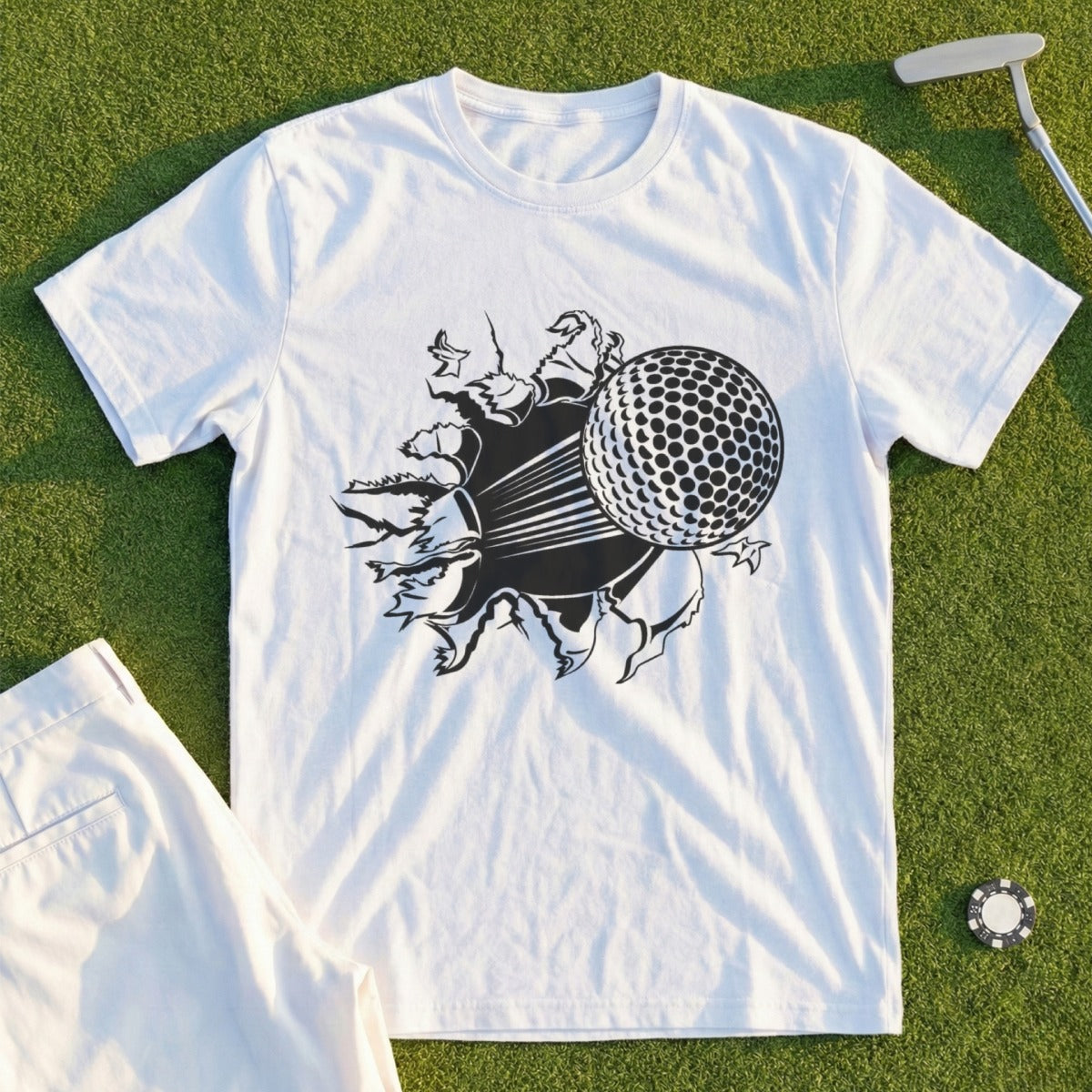 White t-shirt with graphic of a golf ball bursting through a black shape.