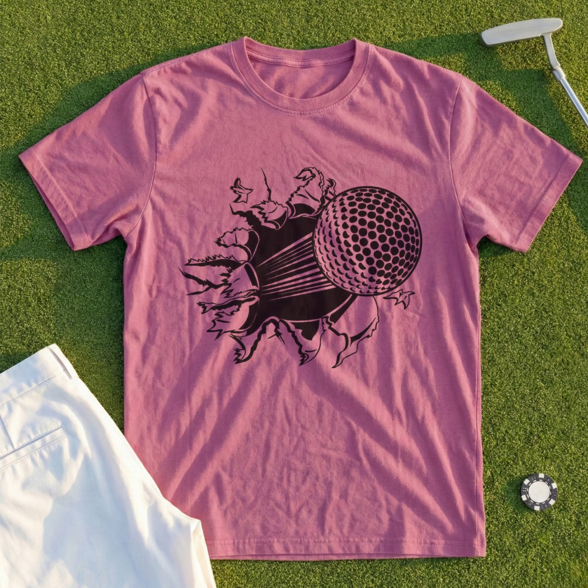 Pink t-shirt with a graphic of a golf ball bursting through fabric.