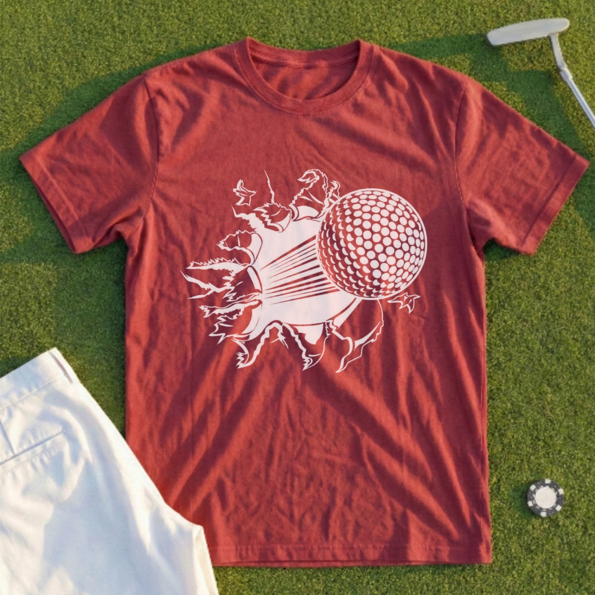 Red t-shirt with a graphic of a golf ball breaking through a white burst.