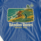 Bandon Dunes, Coastal Travel Poster Tee, print close-up on Royal