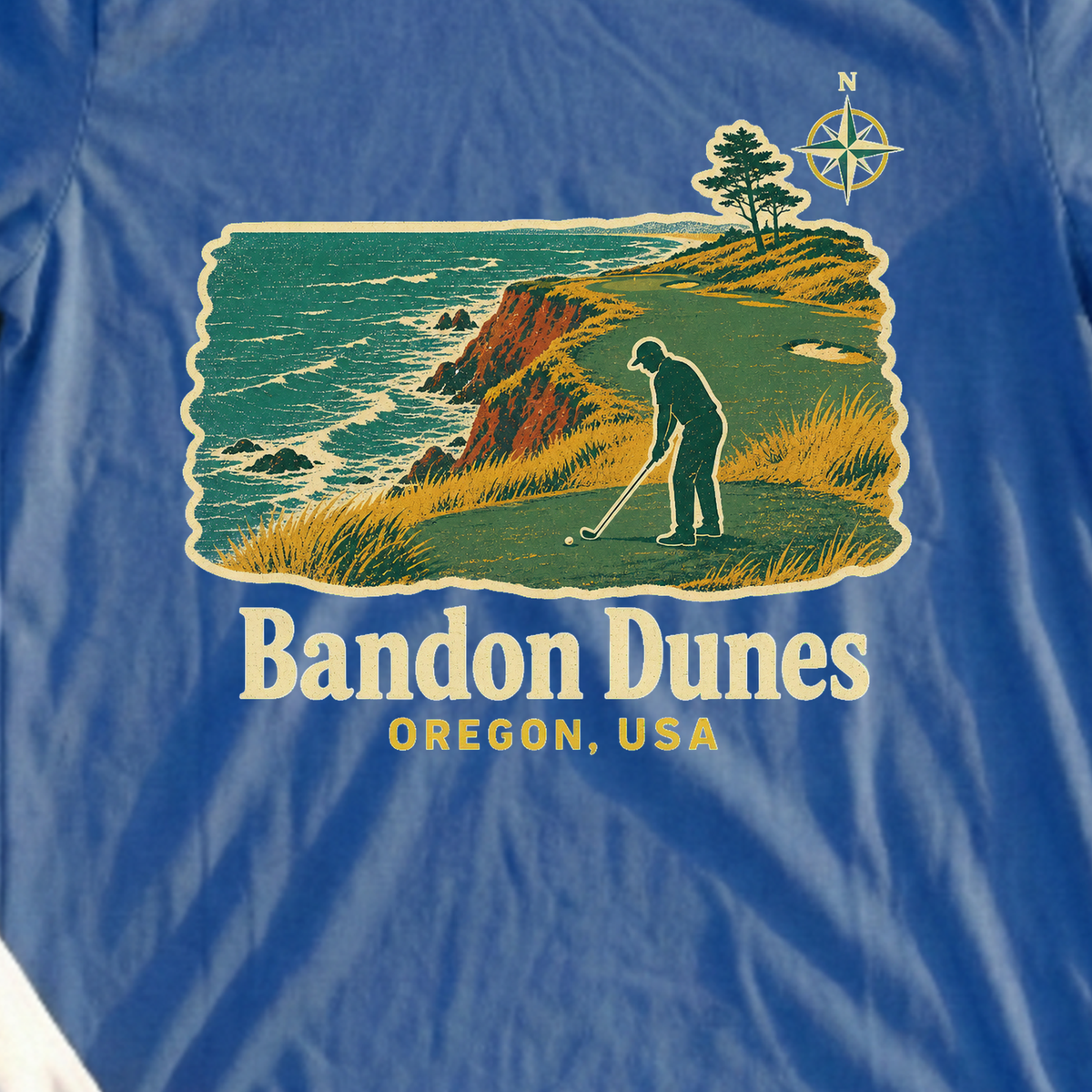 Bandon Dunes, Coastal Travel Poster Tee, print close-up on Royal
